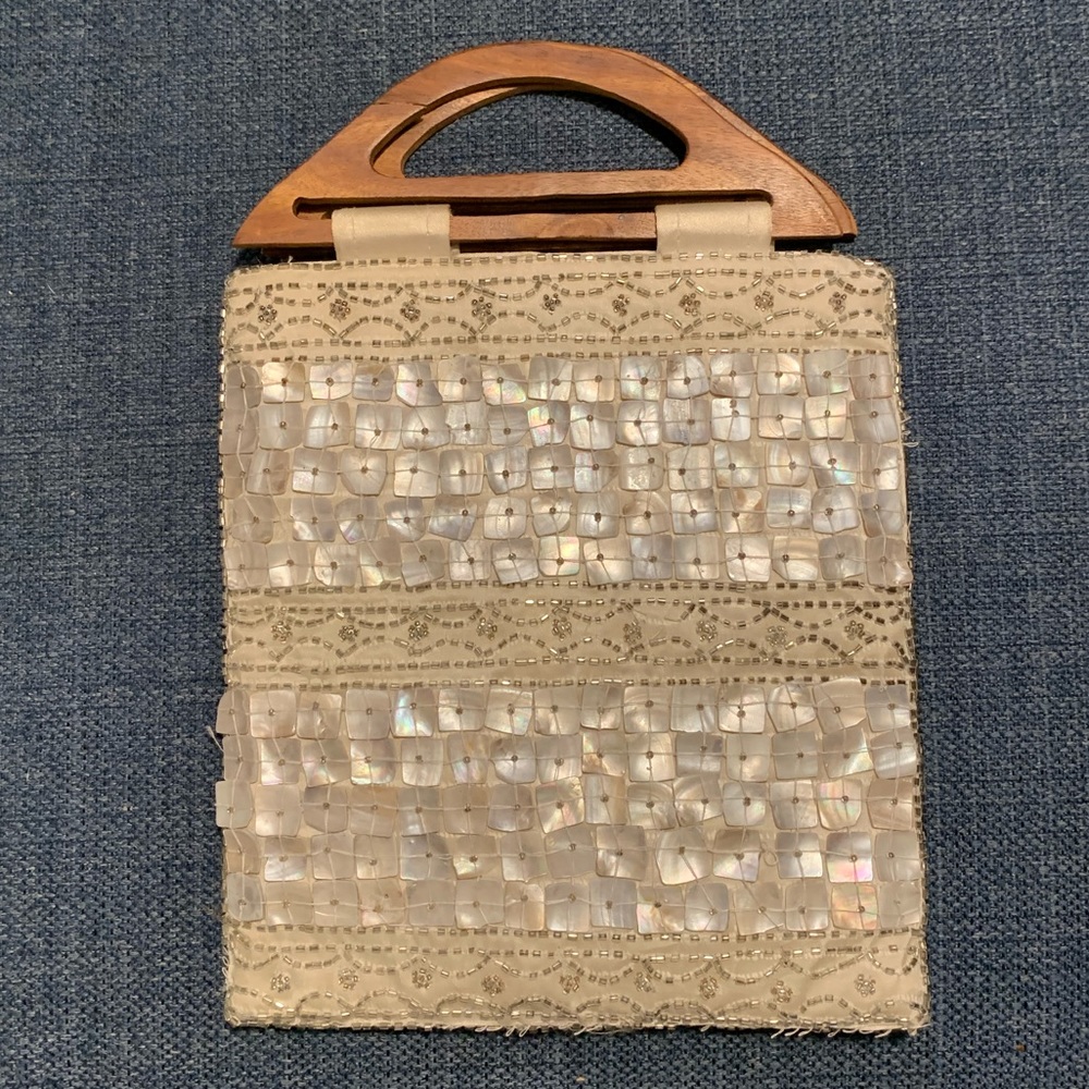 Beaded Silver Purse with Wooden Handles